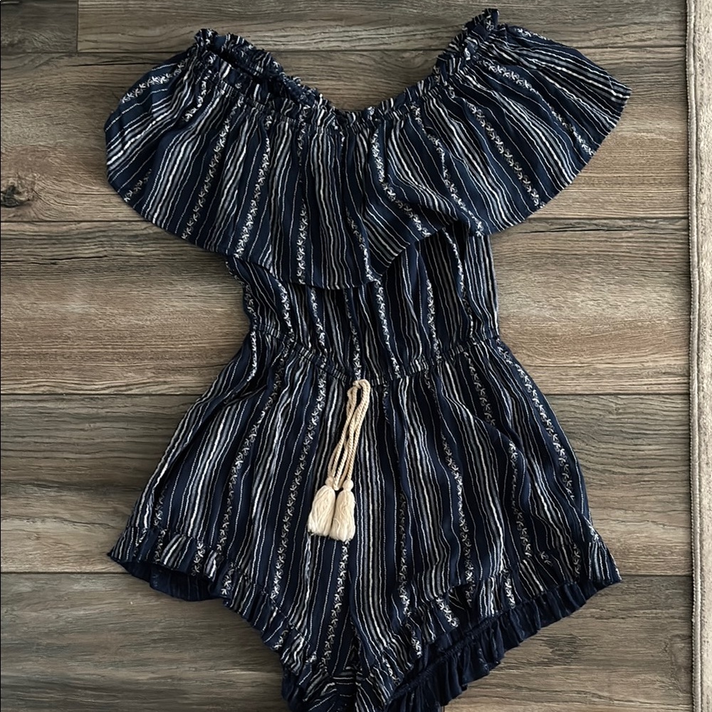 Blue and White Striped Off-Shoulder Romper with Tassel Detail